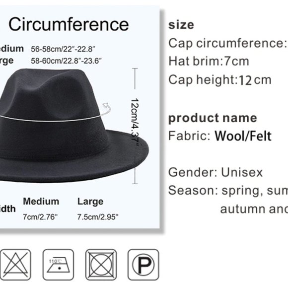 Fedora Hat Unisex Wool Felt Vintage Wide Brim Panama Party Cowboy Cap Jazz - Picture 3 of 3